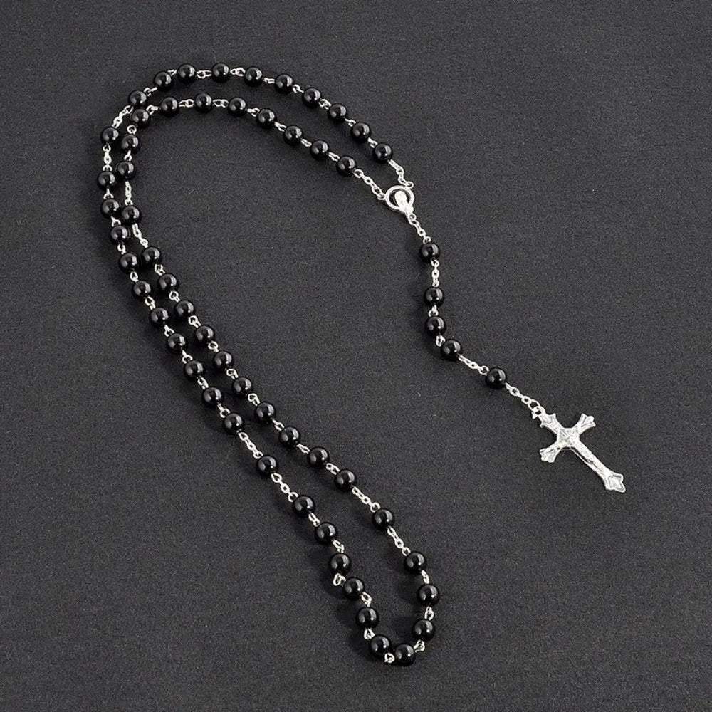 Vintage Cross Pendant Necklace | Faux Pearl Glass Bead Rosary Pendant Necklace PLUSH Black
