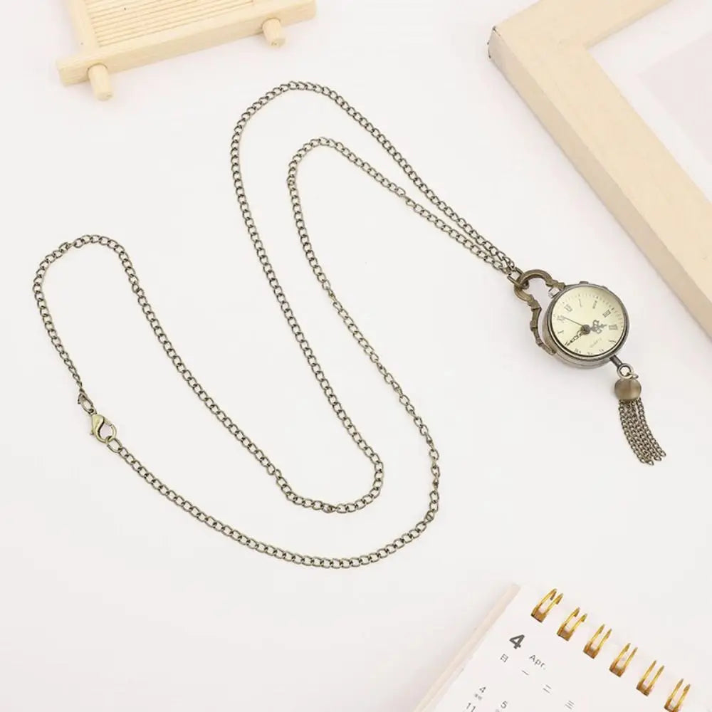 Vintage Bronze Ball Transparent Pocket Watch Quartz Tassel Necklace Pocket Watch Necklace PLUSH