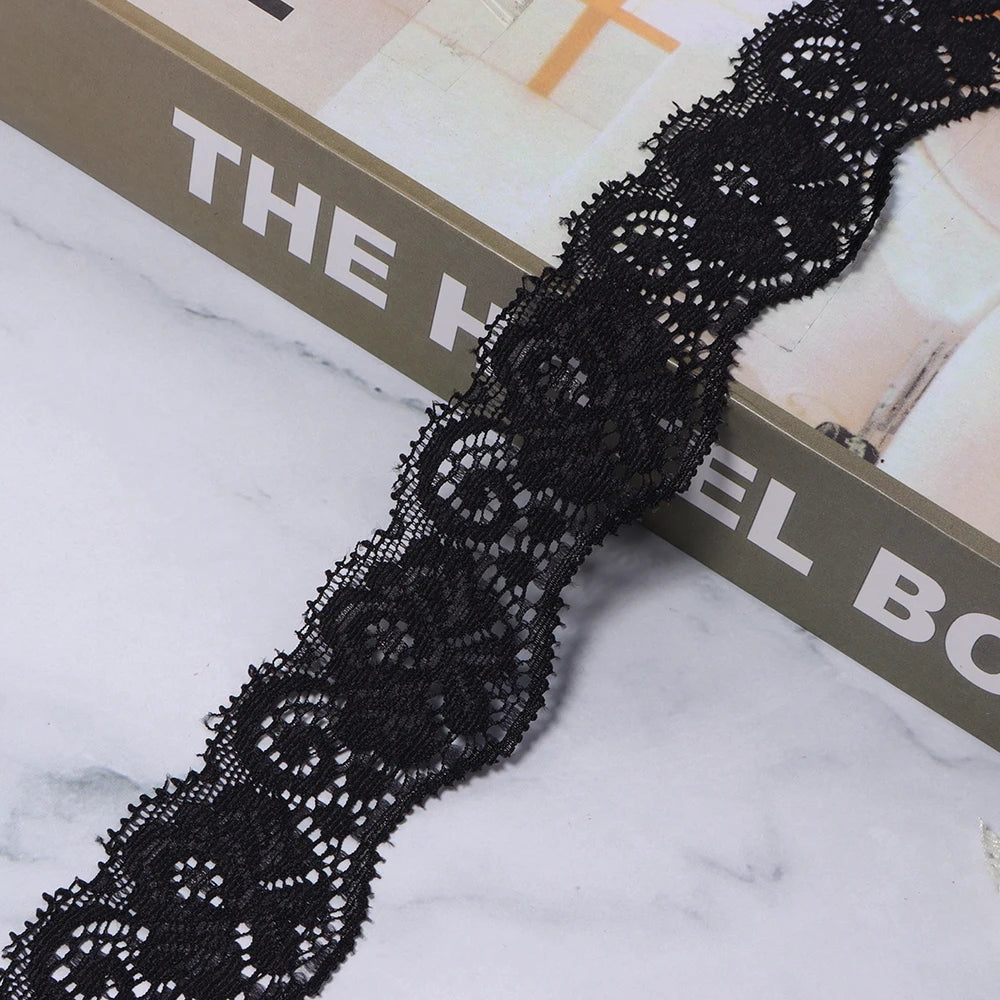 35mm Elastic Floral Lace Trim 2 Yards – DIY Sewing & Hairbands Elastic Lace Trim PLUSH black 35mm