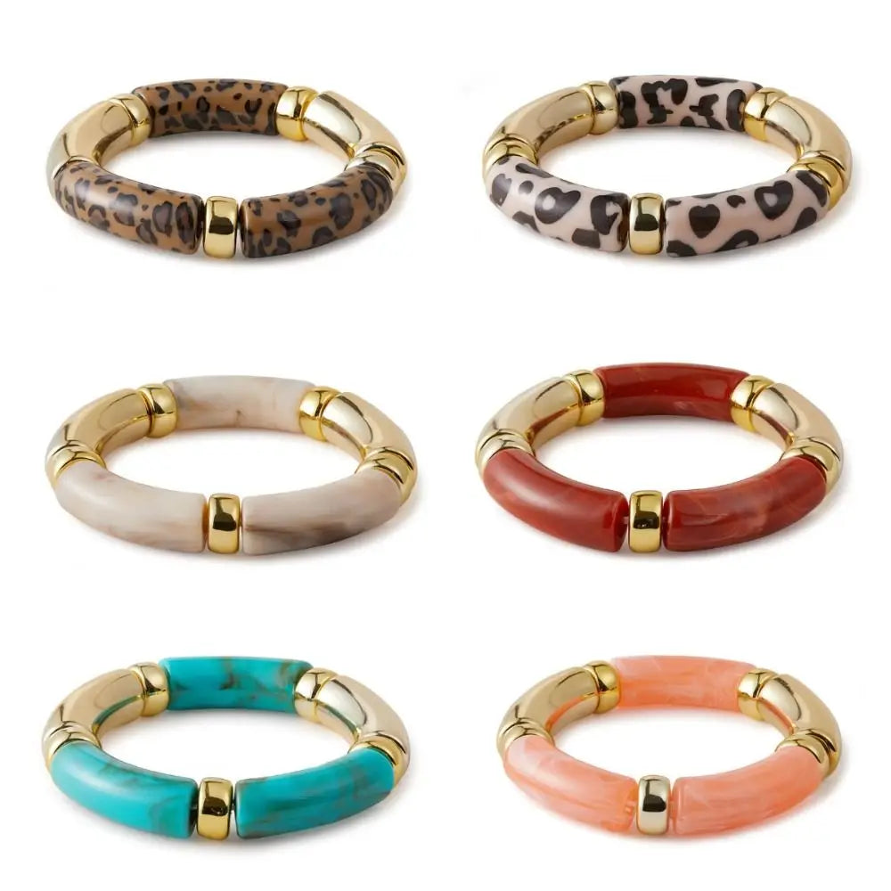 Vintage Acrylic Leopard Beaded Stretch Bracelet – Boho Bangle Beaded Stretch Bracelet PLUSH