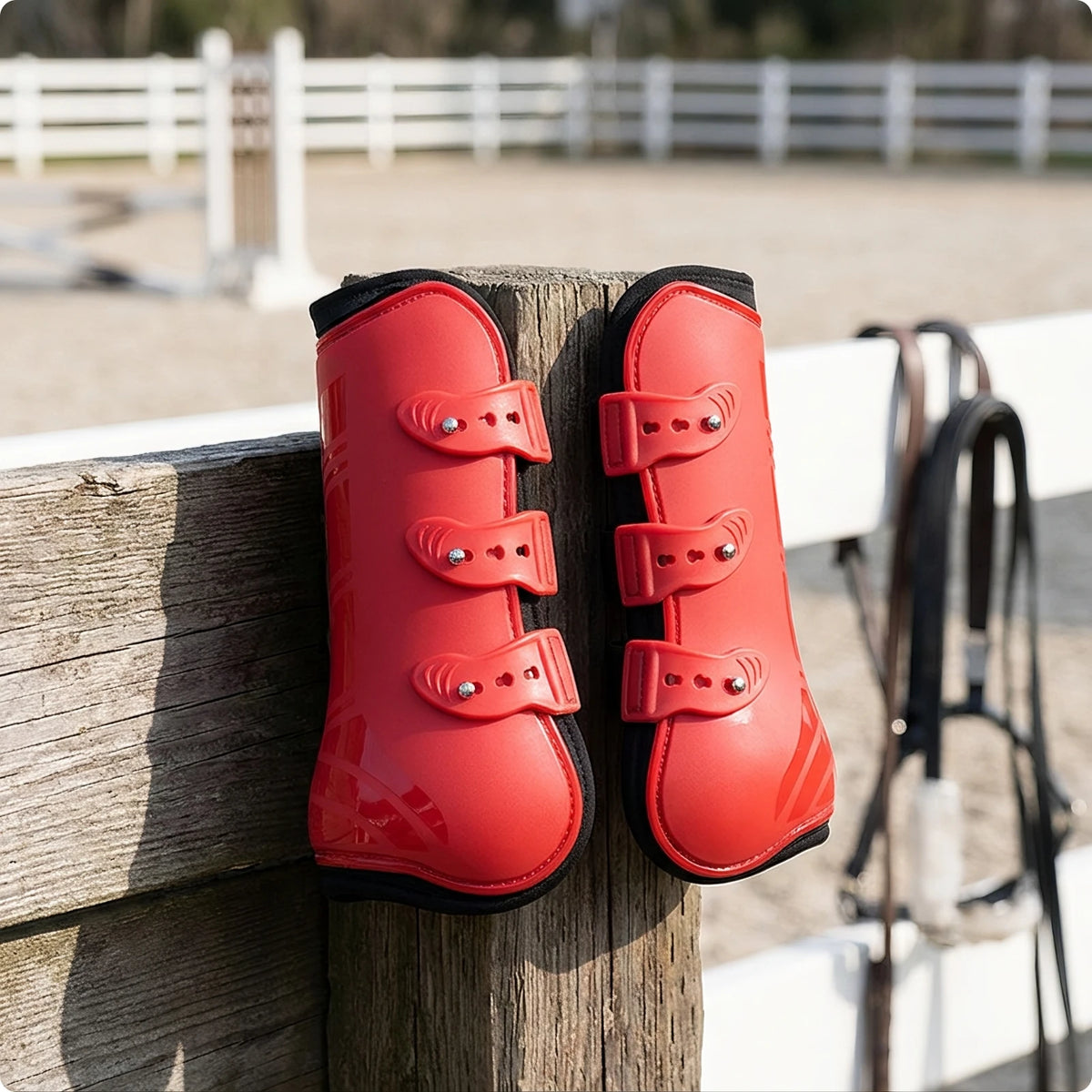 Horse Front Leg Tendon Boots – Adjustable Equestrian Guard Horse Tendon Boots PLUSH Red Xl-front