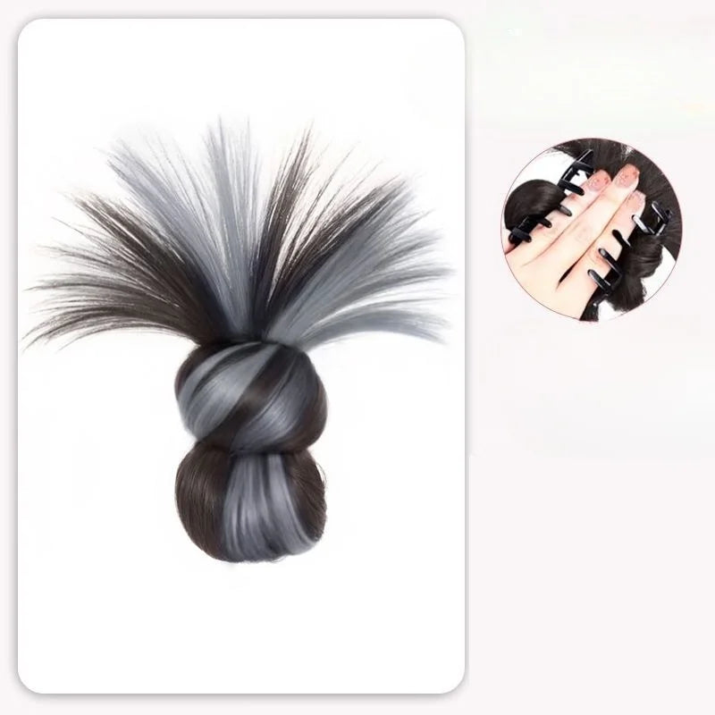 Synthetic Half-Tie Hair Bun Claw Clip Floral Accents Pink Black Clip-On Hair Bun PLUSH Grey Black 1Pc
