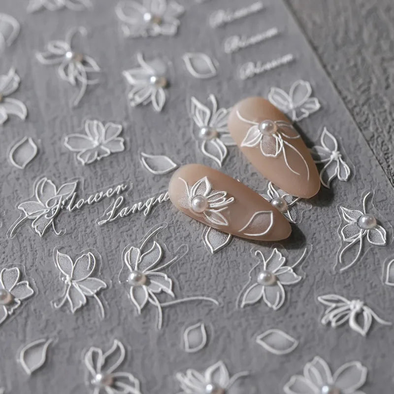 White Lace Floral Pearl Nail Stickers – Elegant Manicure Decals Nail Art Stickers PLUSH