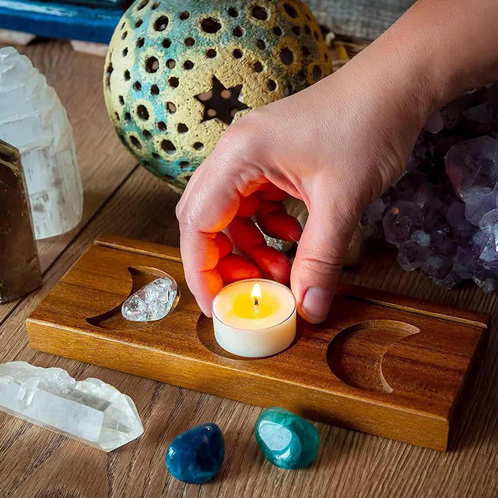 Wooden Tarot Card Holder Moon Phase Display Stand & Candle Tray Card Display Stand PLUSH