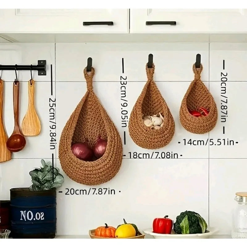 3pcs Macrame Boho Wall Hanging Baskets – Kitchen Storage Woven Storage Baskets PLUSH