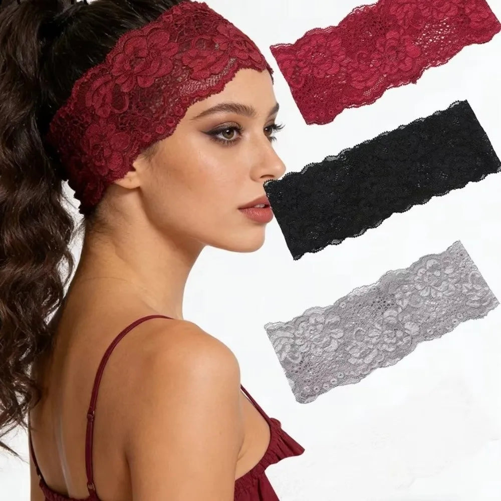 Korean Lace Floral Headband – Wide Elastic Mesh Hair Wrap Hair Headband PLUSH