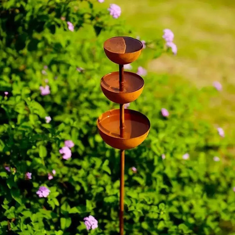 3-Tier Metal Rain Catcher Garden Stake | Decorative Outdoor Ornament Garden Stake Ornament PLUSH