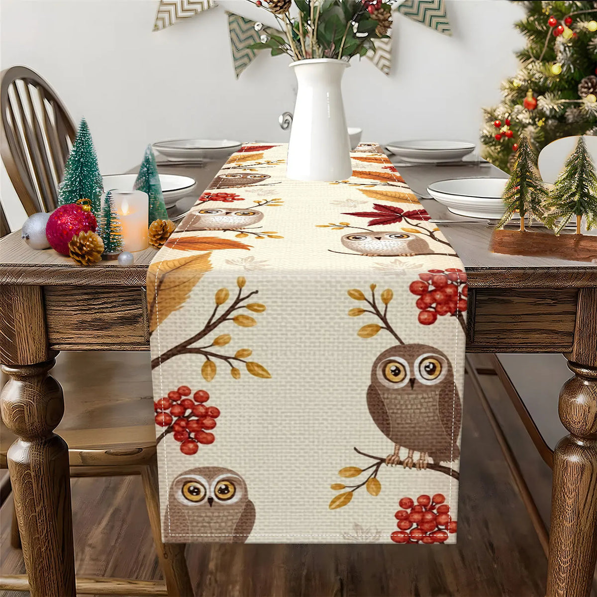 Autumn Owl Table Runner – Leaves & Berries | 3 Sizes Table Runner PLUSH