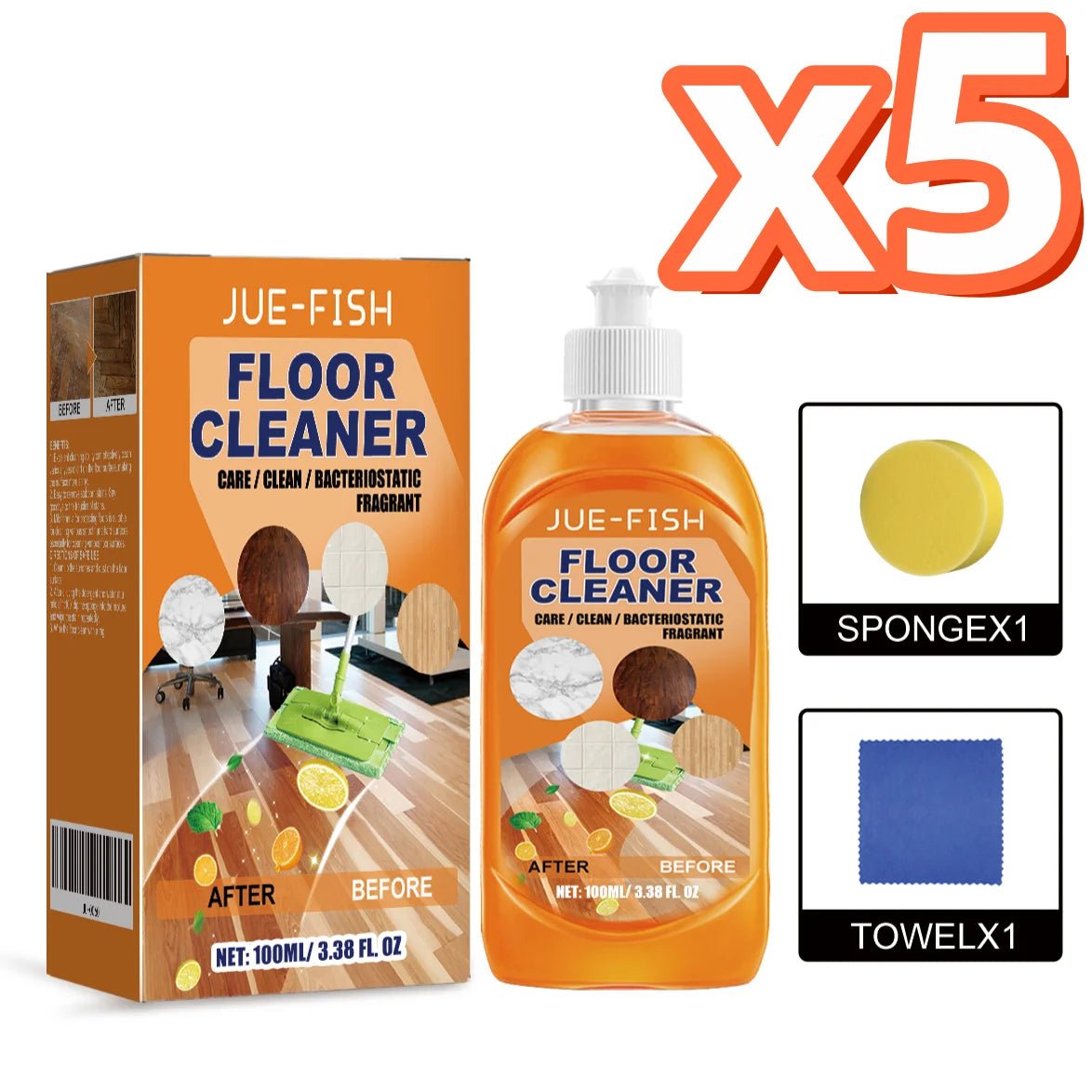 Jue-Fish Multi-Surface Floor Cleaner Kit – Tile & Wood Floor Cleaner Kit PLUSH 100ml Boxed X 5PCS