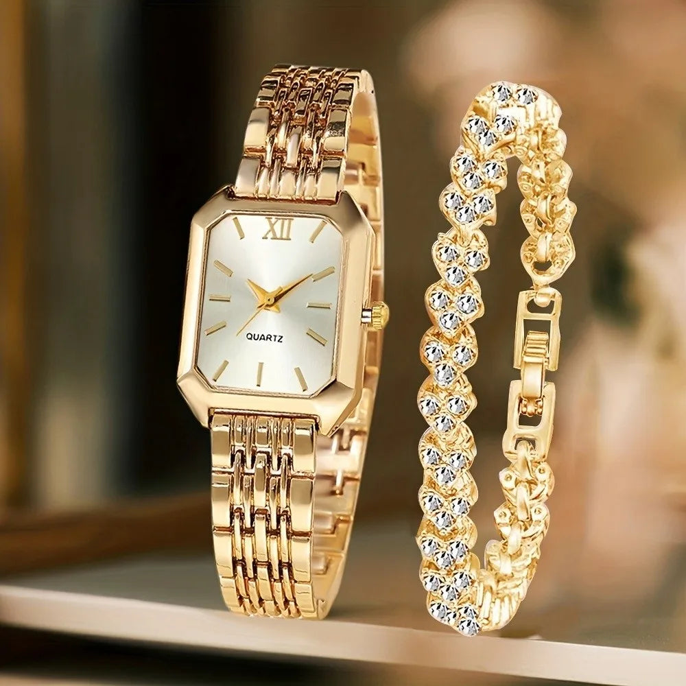 Women's Quartz Watch & Rhinestone Bracelet Set | Rectangle Dial Watch & Bracelet Set PLUSH Style 1