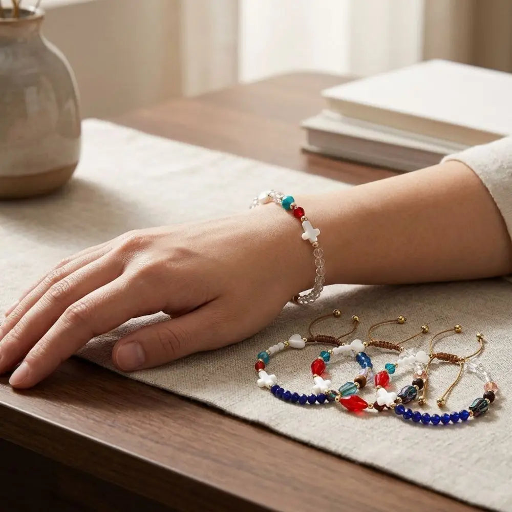Adjustable Cross Crystal Bead Bracelet – Colorful Boho Bangle Beaded Bangle Bracelet PLUSH