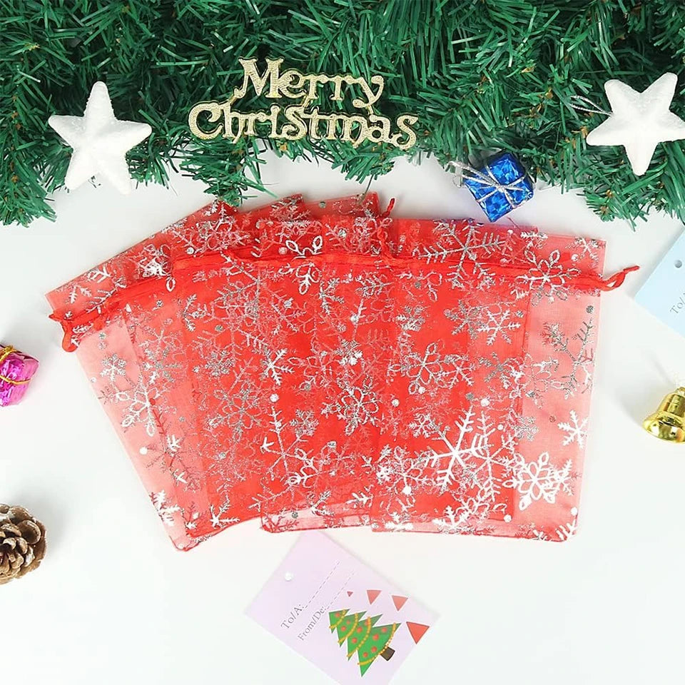 50/100pcs Organza Snowflake Drawstring Gift Bags 9x12cm Organza Gift Bags PLUSH