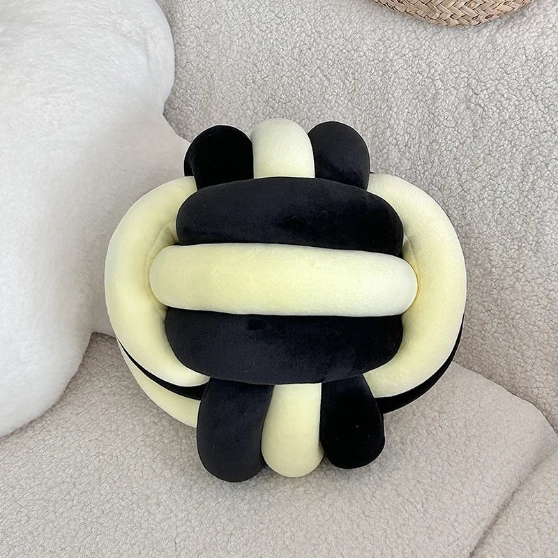 Handmade Dual-Tone Knotted Ball Pillow – Soft Fluffy Cushion Decorative Cushion PLUSH yellow and black 22x22cm