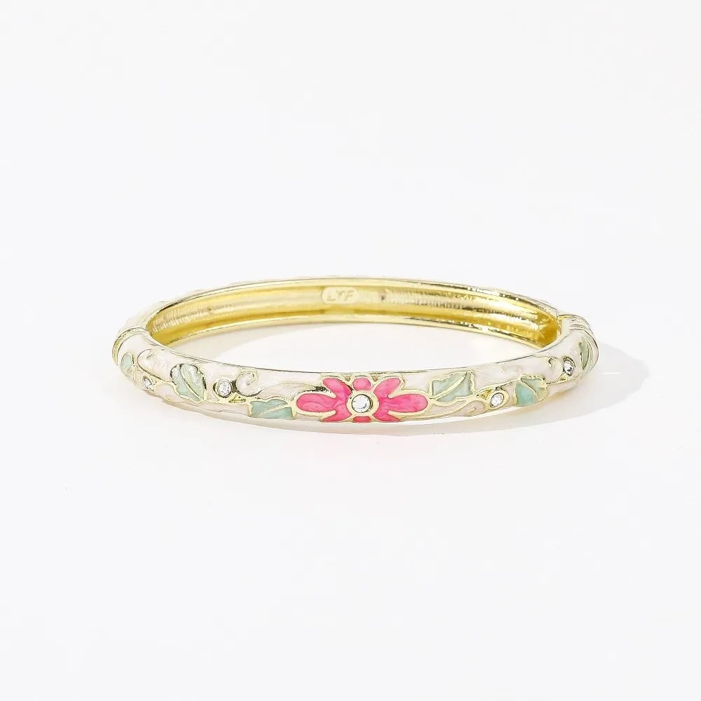 Enamel Cloisonné Bangle – Vintage Chinese Flower Bracelet Enamel Bangle PLUSH White Rose Green
