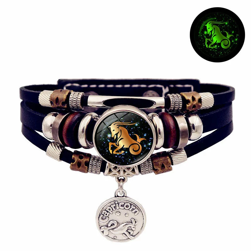 Luminous Zodiac Leather Bracelet – Glow in Dark | All 12 Signs Charm Bracelet PLUSH Capricornus