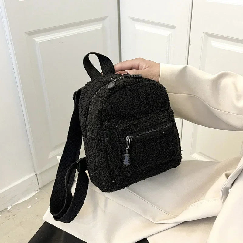 Mini Plush Lamb Fur Backpack – Korean Style Bag for Kids & Adults Plush Mini Backpack PLUSH Black 4PCS
