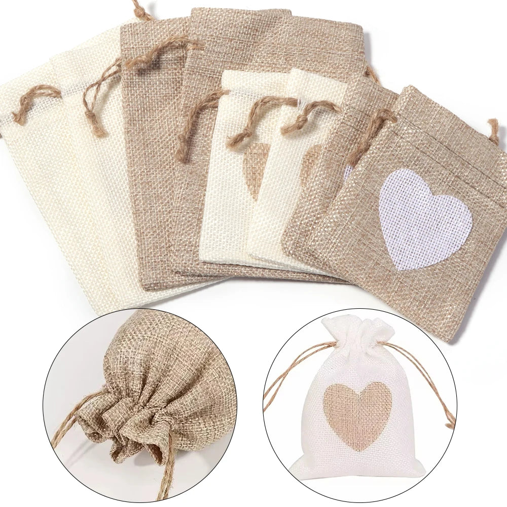5pcs Heart Burlap Drawstring Gift Bags – Jute Wedding Pouches Burlap Gift Bags PLUSH