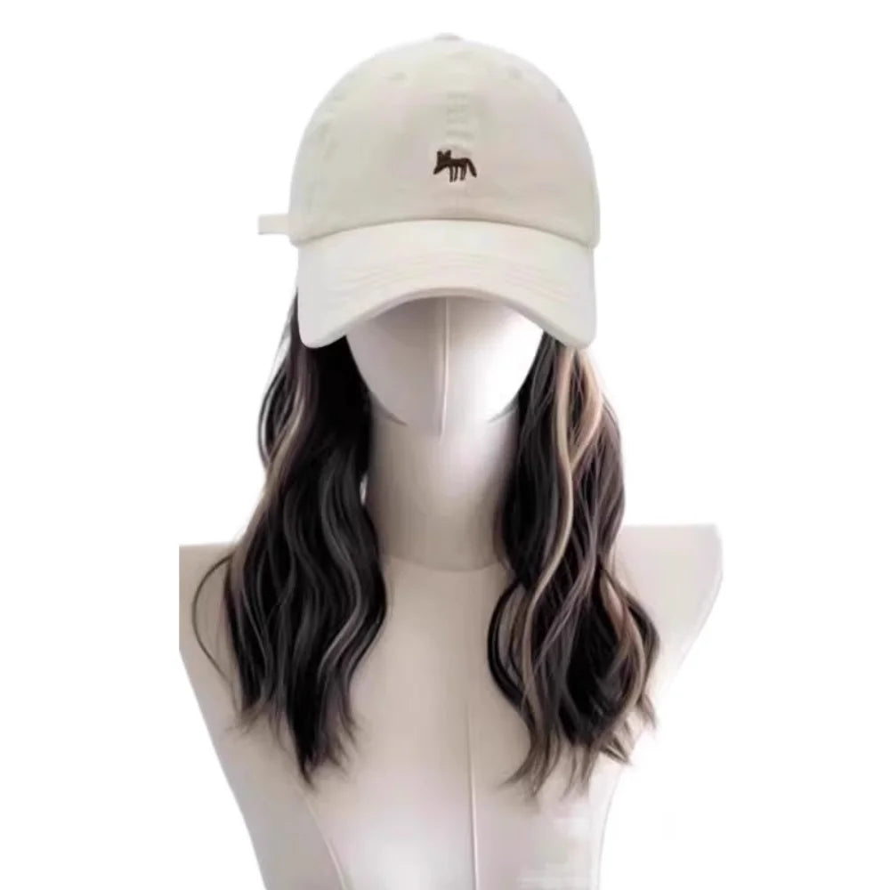 Baseball Cap with Long Wavy Wig – Korean Style Hat Hairpiece Cap Wig Hairpiece PLUSH Beige-Black