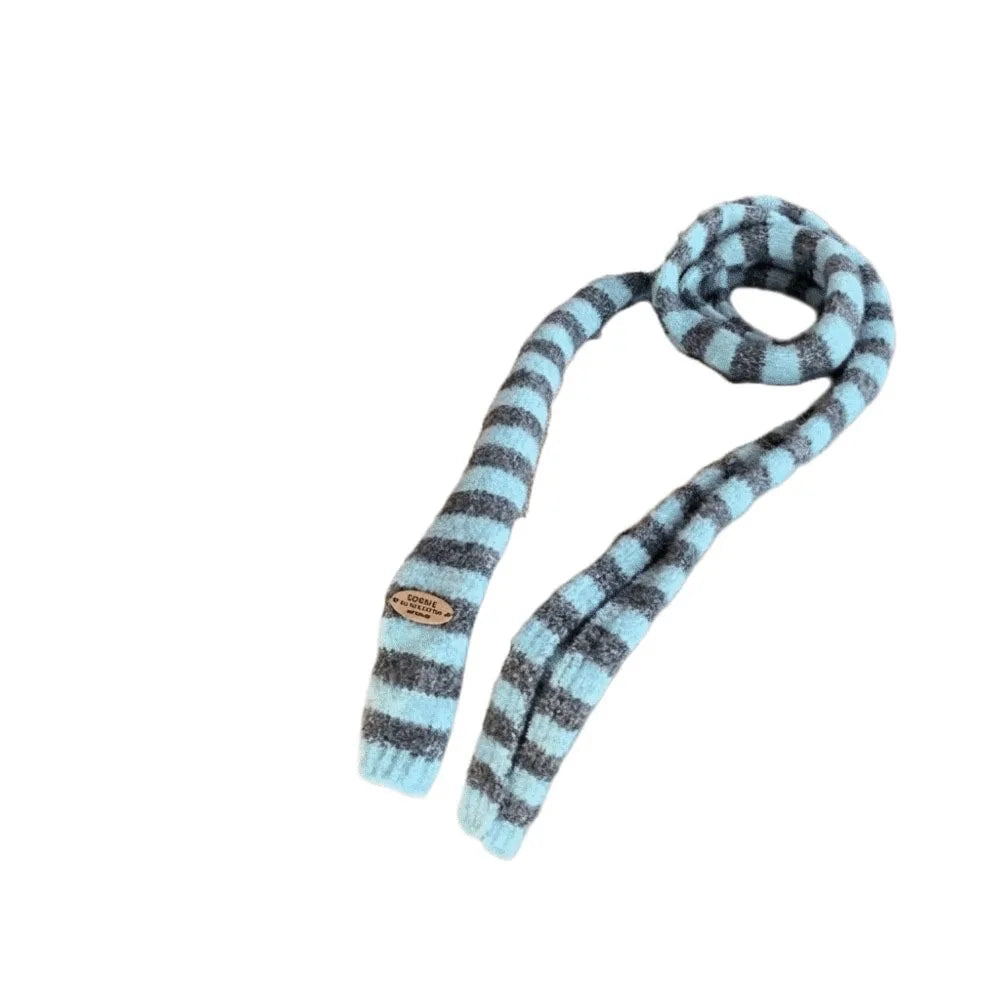 Y2K Harajuku Striped Knit Scarf – Korean Neckerchief Shawl Knit Neckerchief Scarf PLUSH Blue