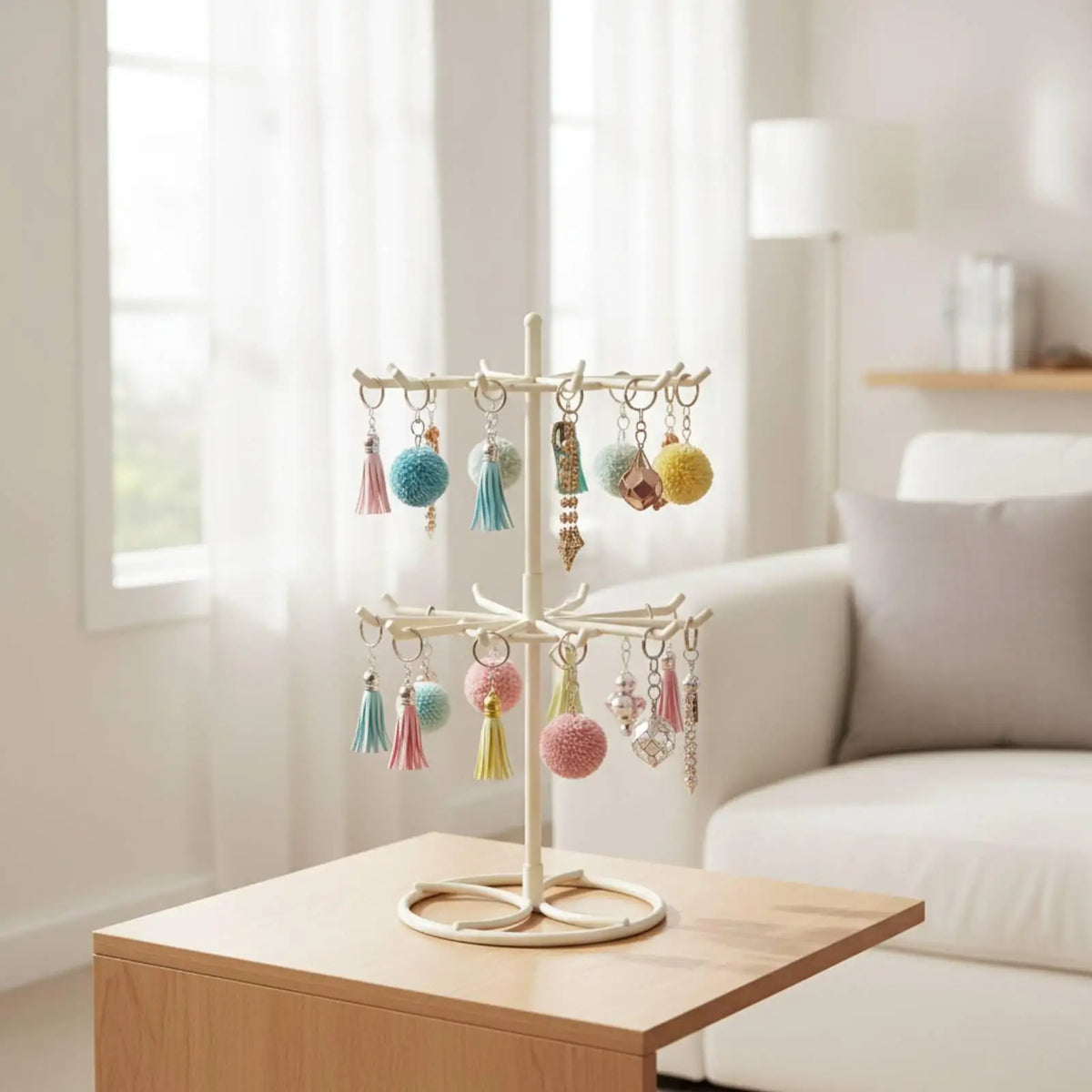 White Iron Rotating Display Stand – Jewelry & Keychain Hooks Rotating Display Stand PLUSH