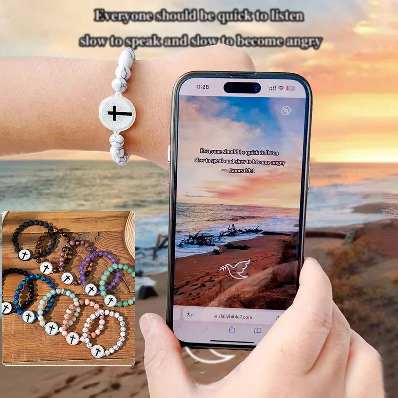 NFC Bible Verse Natural Stone Cross Bracelet – Unisex Christian Beaded Cross Bracelet PLUSH