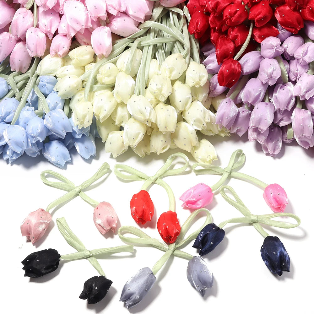 5pcs Satin Tulip Flower Strings Rhinestone DIY Hair & Garment Fabric Flower Trim PLUSH