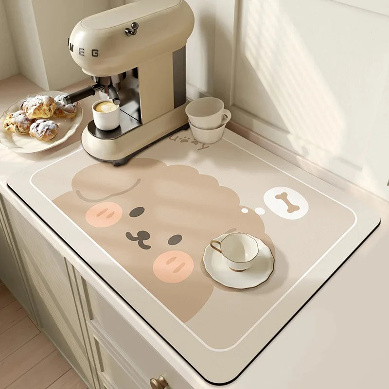 Diatomite Dish Drying Mat – Super Absorbent Kitchen Drain Pad Dish Drying Mat PLUSH Dog Off-white 60x50cm