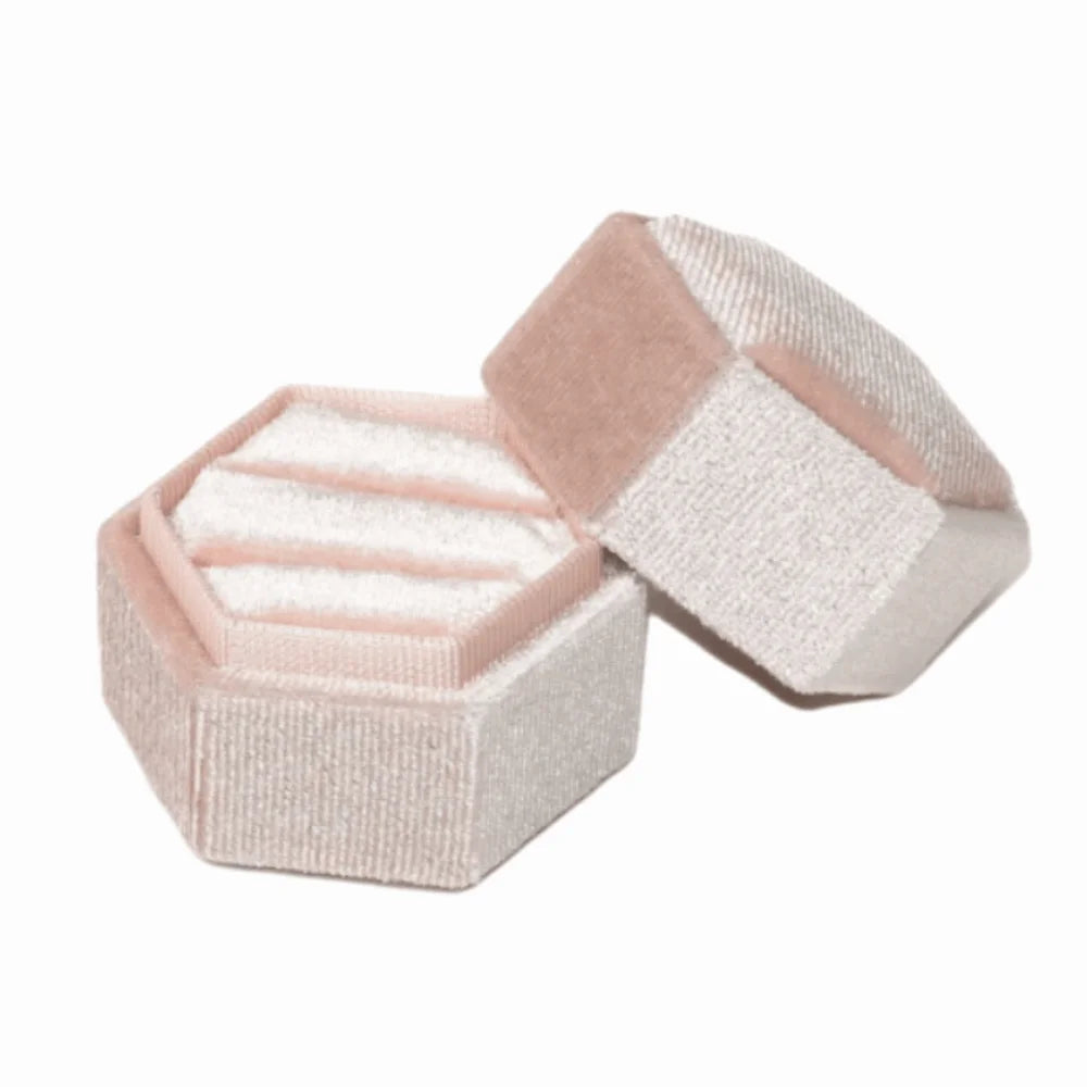 Velvet Hexagon Ring Box – Double Slot Jewelry Display Case Ring Display Box PLUSH Pink