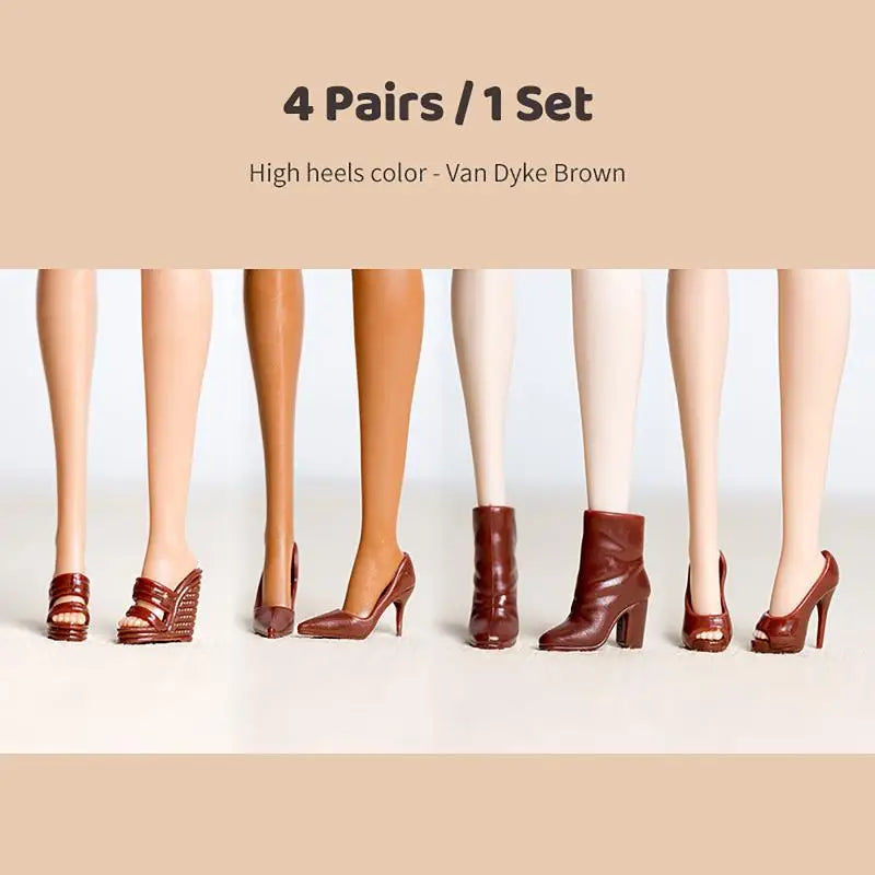 4 Pairs 1/12 Doll High Heel Ankle Boots – Miniature Fashion Shoes Doll Shoe Accessories PLUSH Brown
