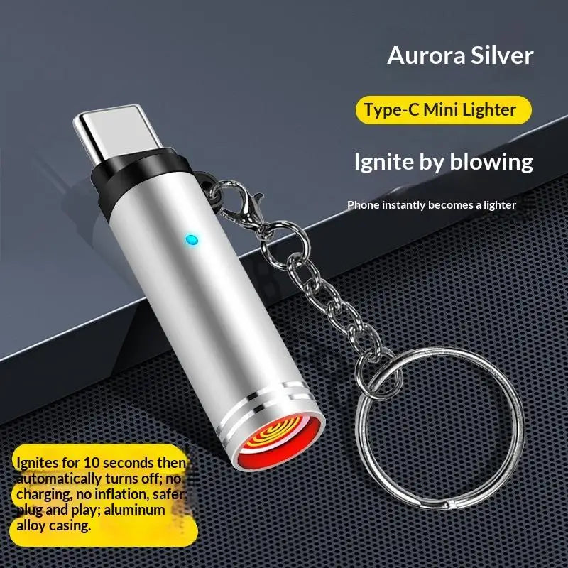USB-C Flameless Lighter – Windproof Portable EDC Keychain Flameless USB Lighter PLUSH Silver