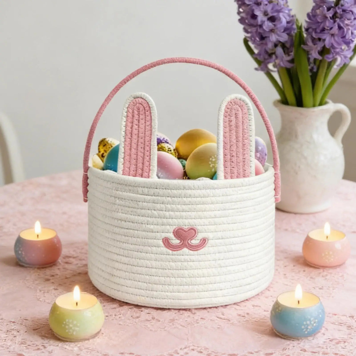 Easter Bunny Woven Cotton Rope Basket – Kids Egg Hunt Bag Easter Gift Basket PLUSH