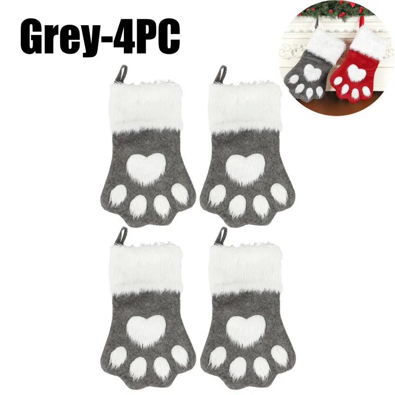 Dog Paw Christmas Stockings – Fuzzy Red Velvet Holiday Set Christmas Stocking Set PLUSH Grey-4PC 44x22cm
