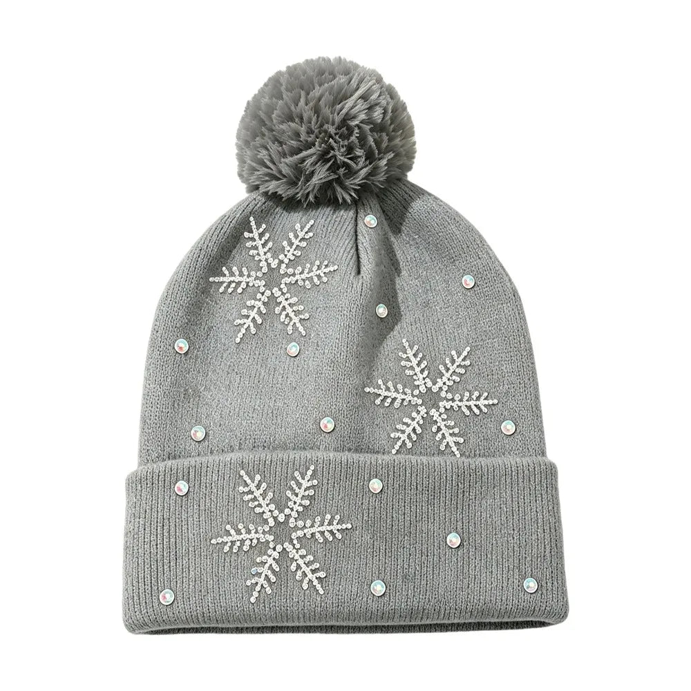 Women's Rhinestone Snowflake Knit Beanie – Warm Winter Hat Winter Knit Beanie PLUSH Grey