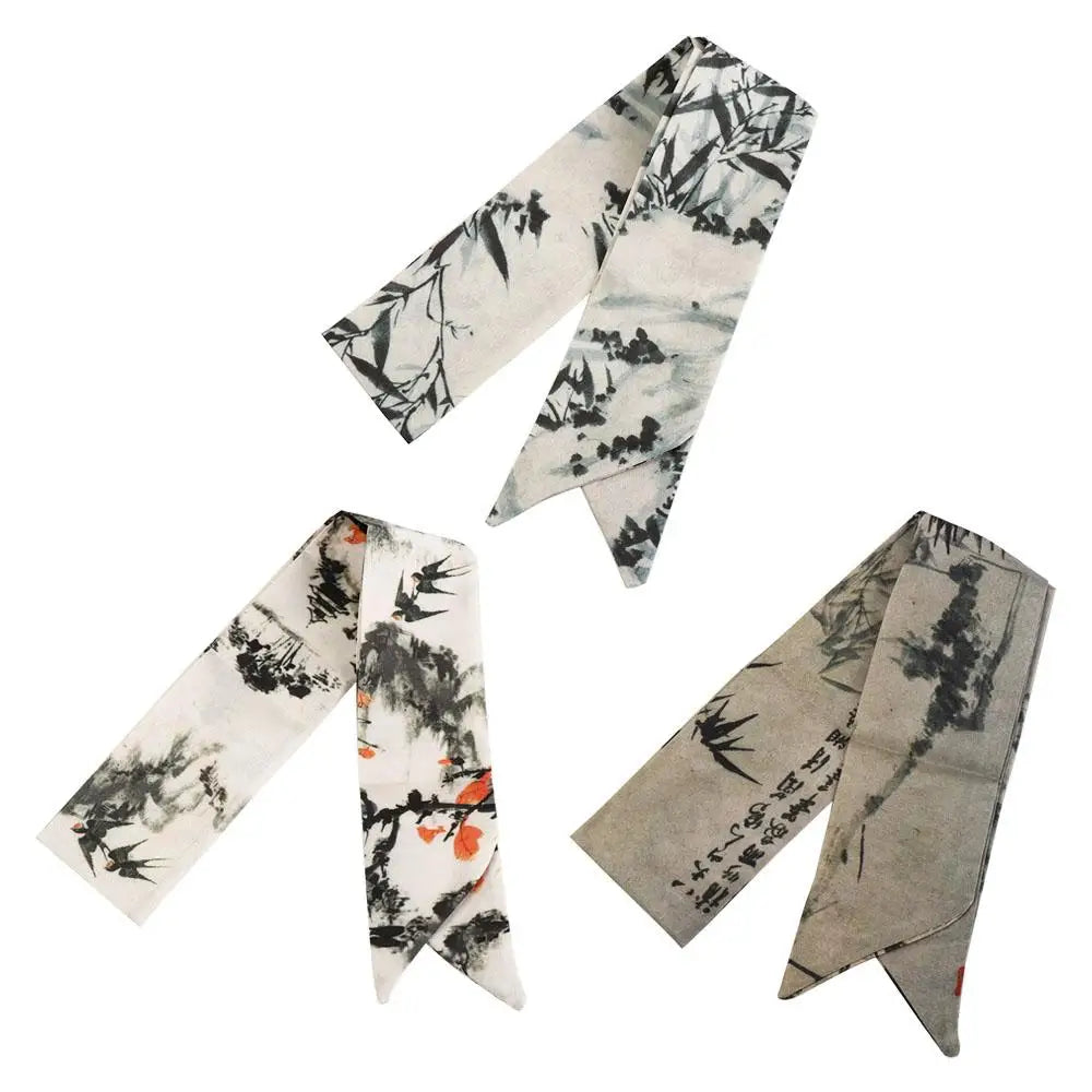 Elegant Ink Painting Ribbon Scarf – Minimalist Silk Headband Ribbon Scarf PLUSH