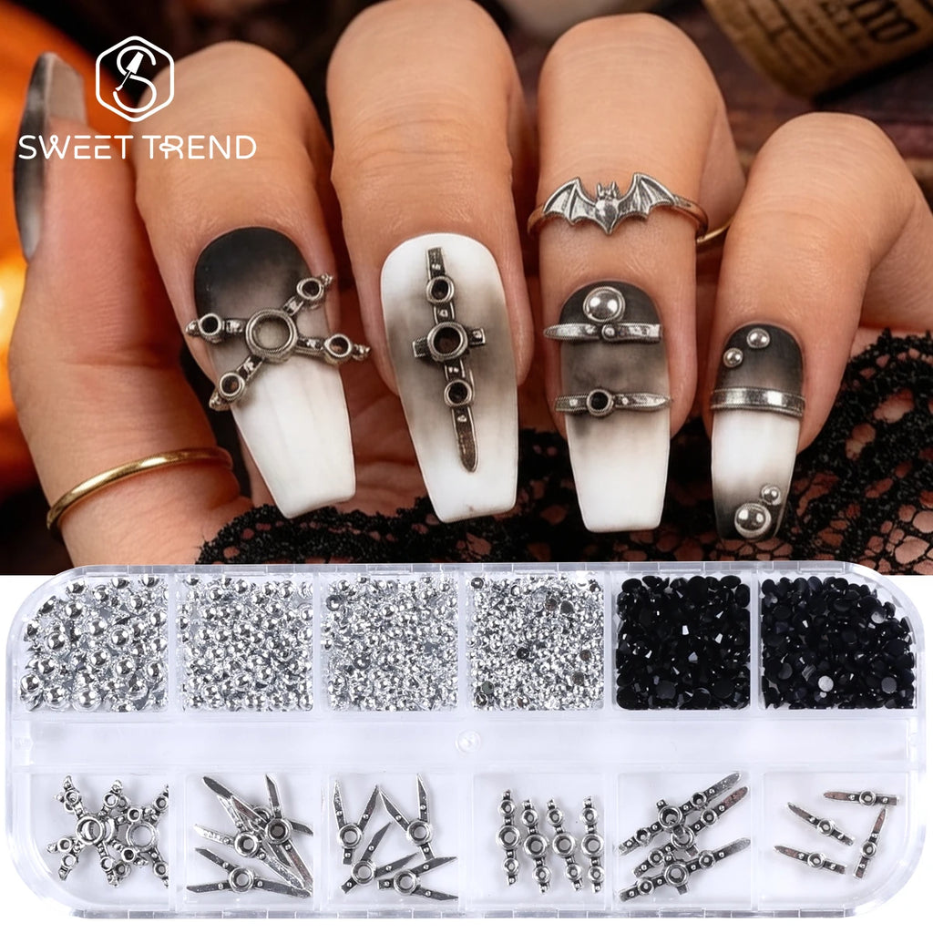 12-Grid Gothic Punk Nail Art Decor – Rhinestone & Rivets Set Nail Art Decoration PLUSH