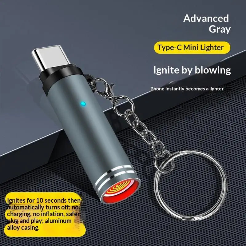 USB-C Flameless Lighter – Windproof Portable EDC Keychain Flameless USB Lighter PLUSH Gray