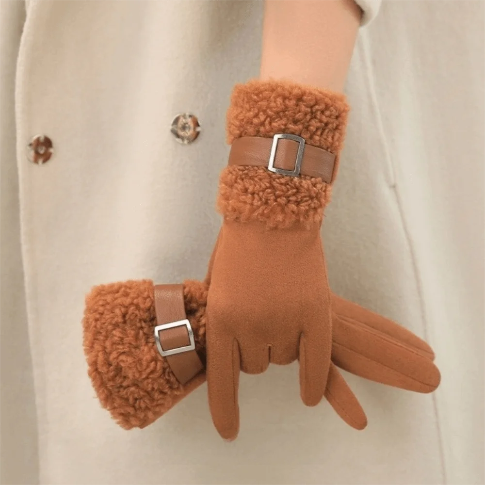 Women's Fleece-Lined Suede Winter Gloves – Windproof Full Finger Winter Gloves PLUSH Brown