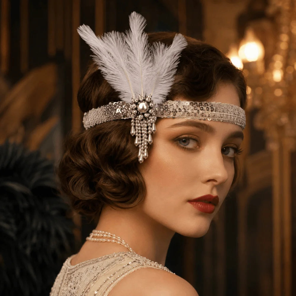 Vintage 1920s Feather Headband – Sequin Rhinestone Headpiece Feather Headband PLUSH