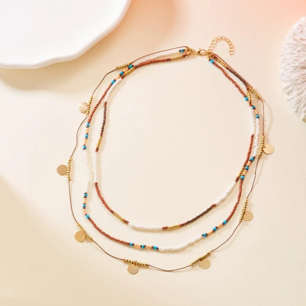 Bohemian Multi-Layer Bead Necklace – Brown Clavicle Chain Beaded Necklace PLUSH Brown