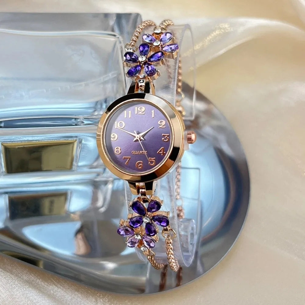 Women's Flower Quartz Bracelet Watch – Double Chain Oval Dial Women's Bracelet Watch PLUSH Purple