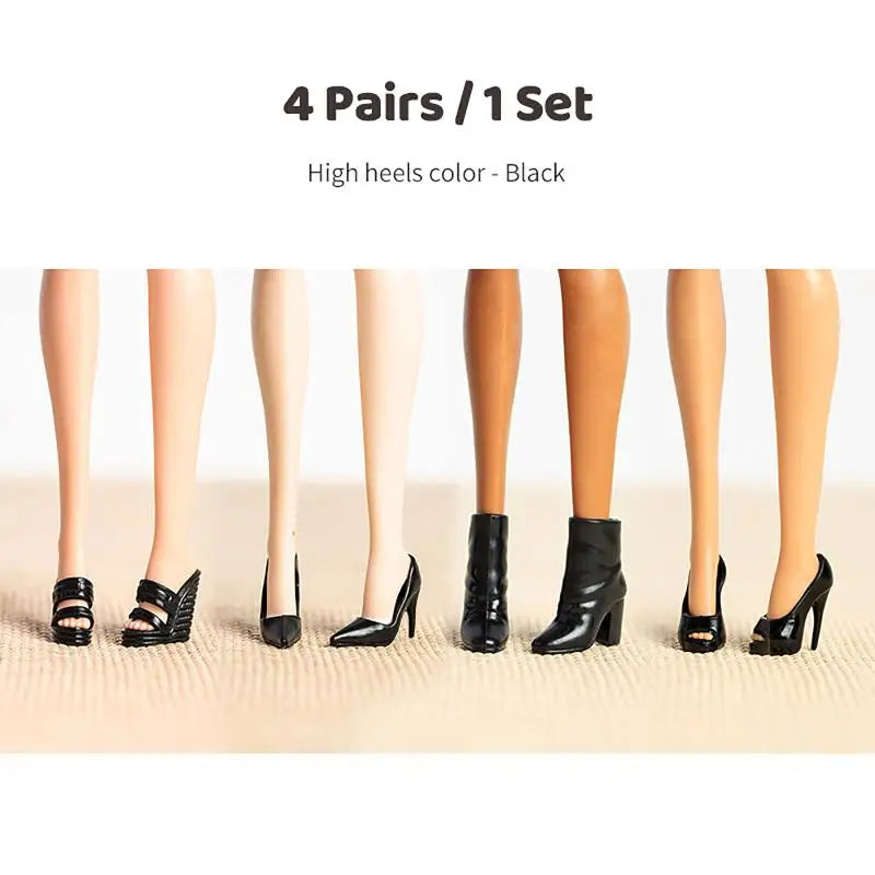 4 Pairs 1/12 Doll High Heel Ankle Boots – Miniature Fashion Shoes Doll Shoe Accessories PLUSH Black