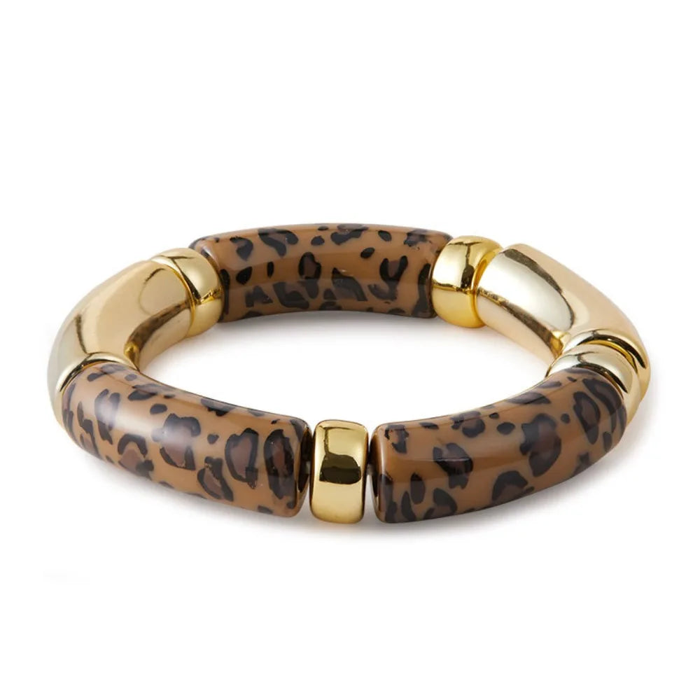 Vintage Acrylic Leopard Beaded Stretch Bracelet – Boho Bangle Beaded Stretch Bracelet PLUSH Coffee Leopard