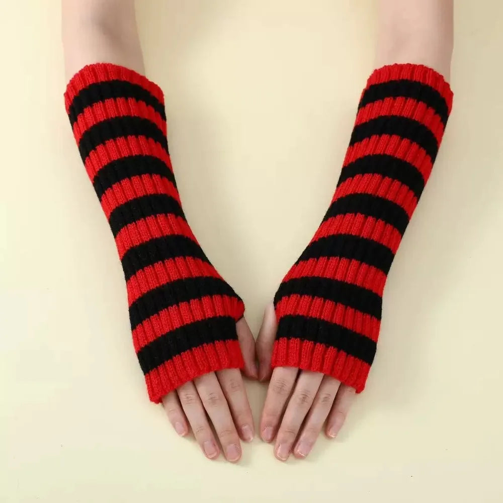 Y2K Striped Fingerless Arm Warmers – Long Knit Arm Sleeves Fingerless Arm Warmers PLUSH Style 1
