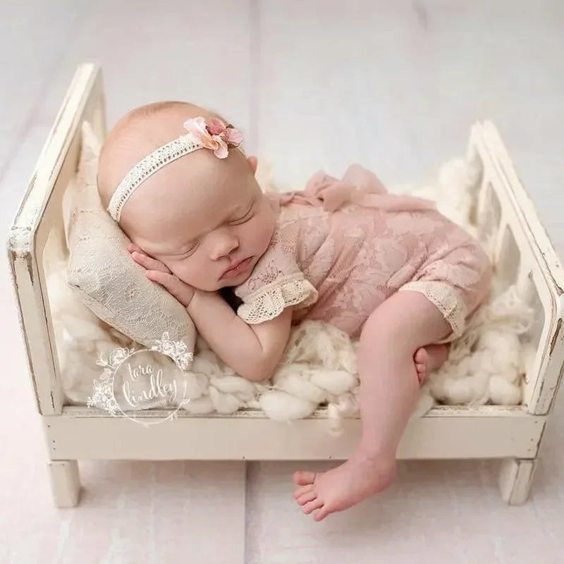 Vintage Wooden Mini Bed – Newborn Baby Photography Prop Baby Photography Prop PLUSH