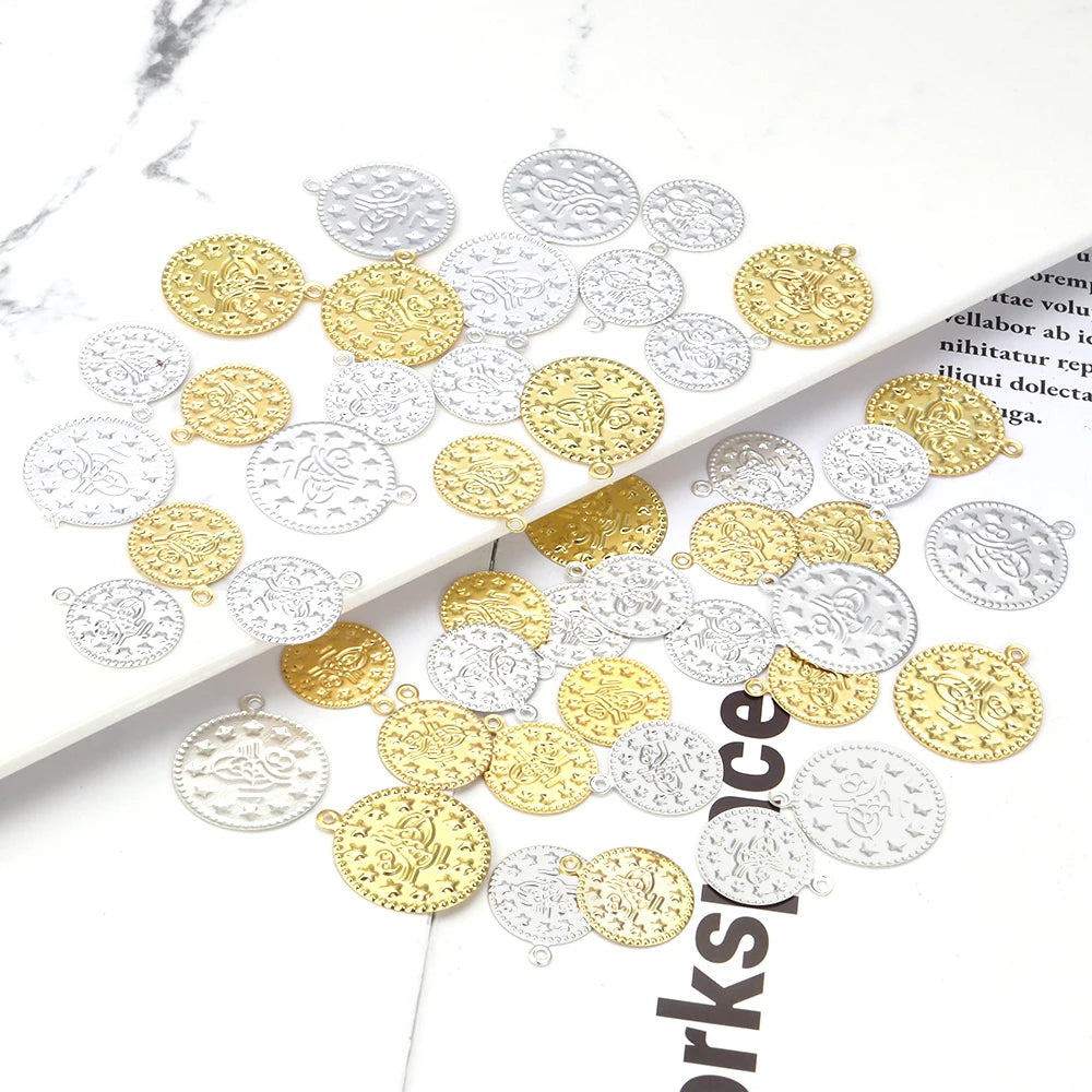 50-100pcs Vintage Embossed Iron Coin Pendants Gold Silver DIY Jewelry Coin Pendants PLUSH