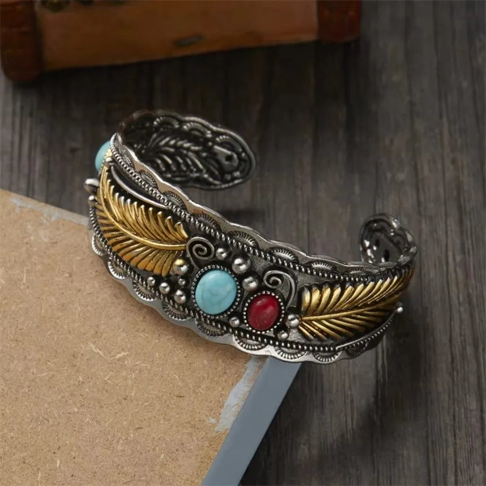 Vintage Turquoise Feather Cuff Bangle – Adjustable Women's Bracelet Cuff Bangle Bracelet PLUSH