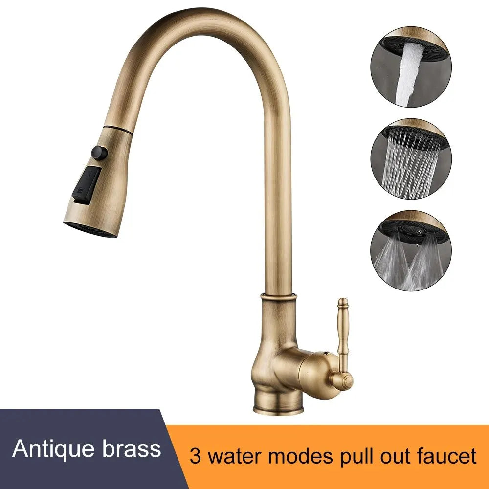 Pull Out Kitchen Faucet Antique Bronze Single Handle | EL9021 Kitchen Faucet PLUSH Antique brass