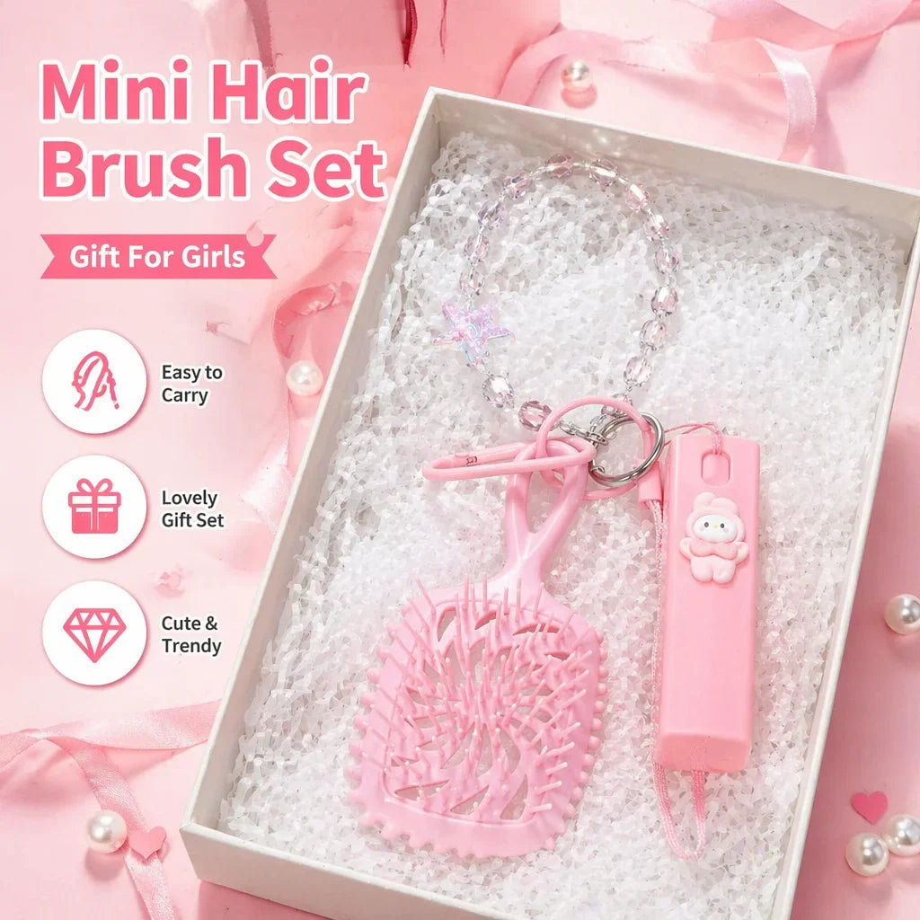 Kawaii Mini Massage Comb Set with Spray Bottle & Star Lanyard Travel Hair Care Set PLUSH