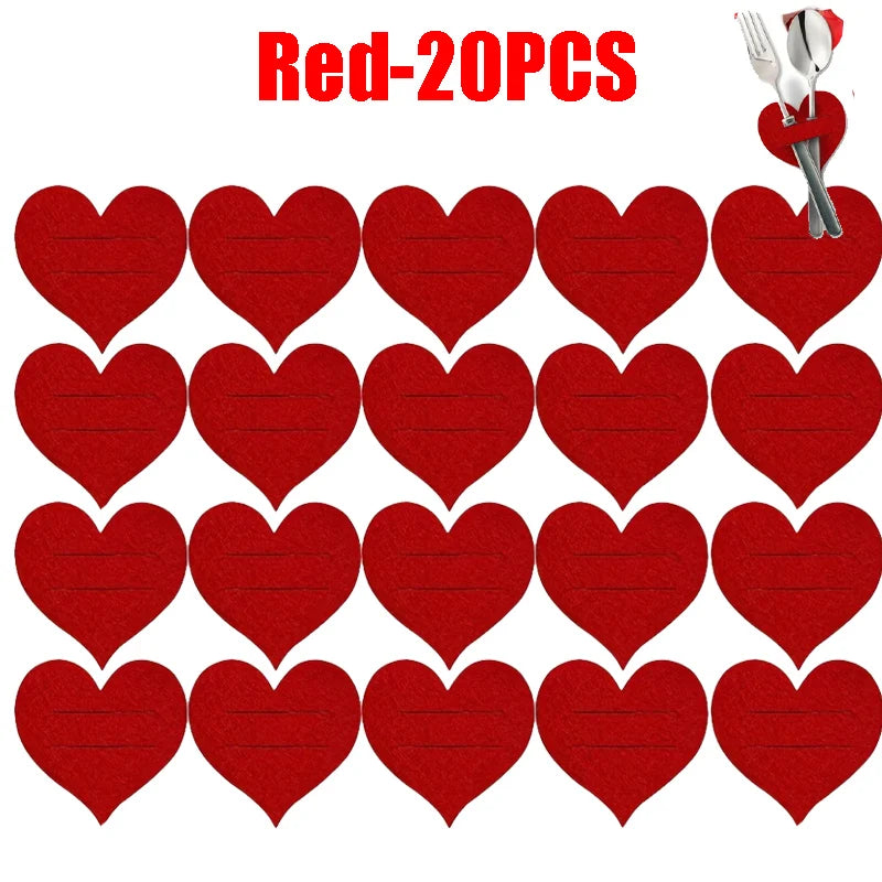 Heart Shaped Felt Flatware Holders – Red Valentine Table Decor Flatware Holders PLUSH Red-20Pcs