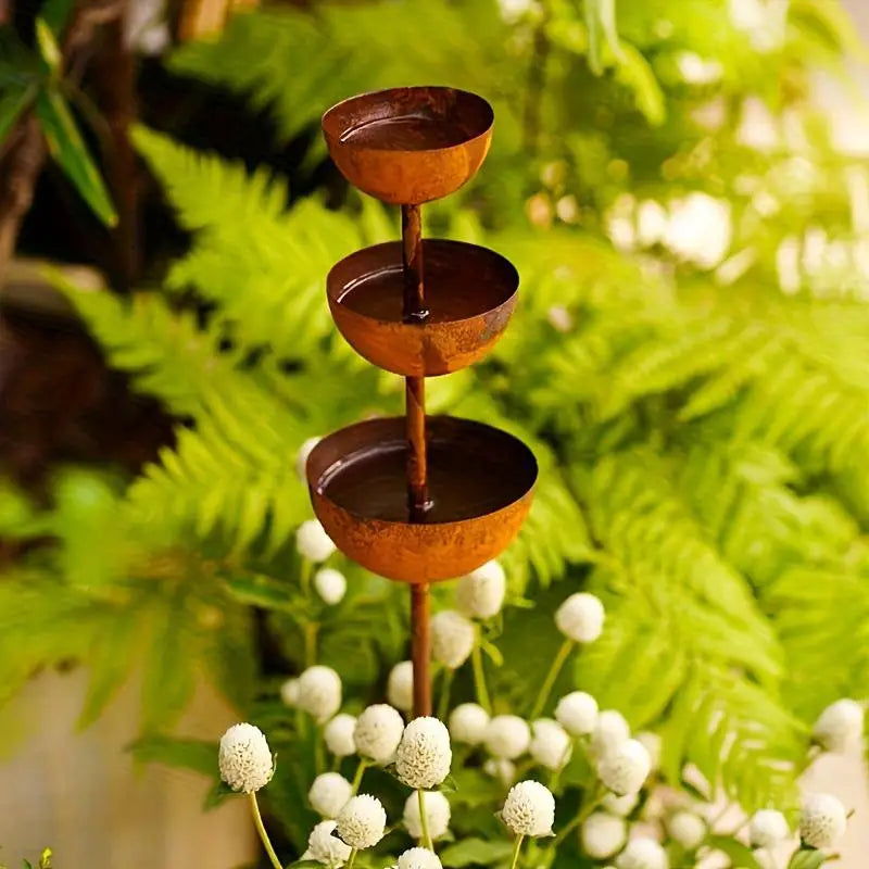 3-Tier Metal Rain Catcher Garden Stake | Decorative Outdoor Ornament Garden Stake Ornament PLUSH